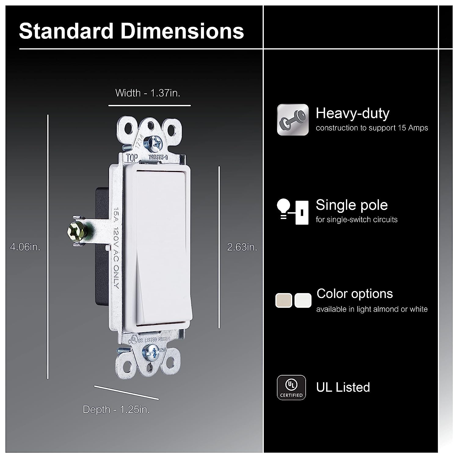 Paddle Rocker Switch - Single Pole Switch, On/Off, Replacement for Light Switches & Ceiling Fans, Grounding, UL Listed, White, 50726