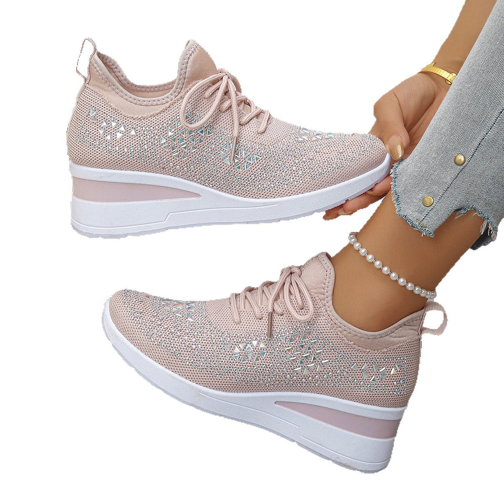 Ins Rhinestone Sneakers Fashion Lace Up Wedges Casual Shoes Women's Daily Commuting Sports Shoes