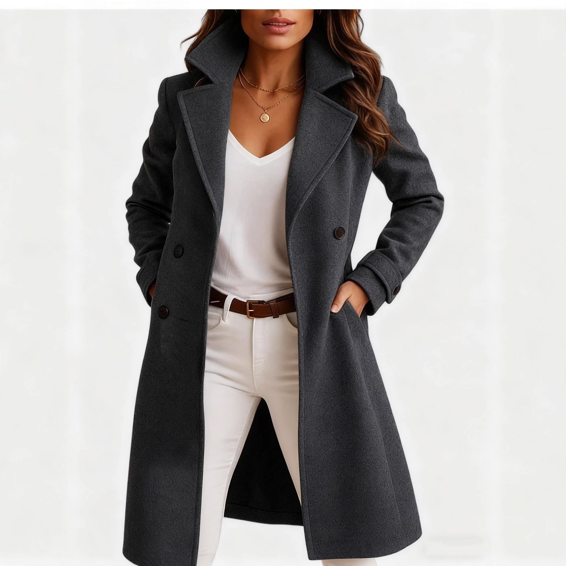 Single-breasted Mid-length Coat With Pockets Fashion Elegant Lapel Jacket Casual Long-sleeved Top Outwear Women's Clothing