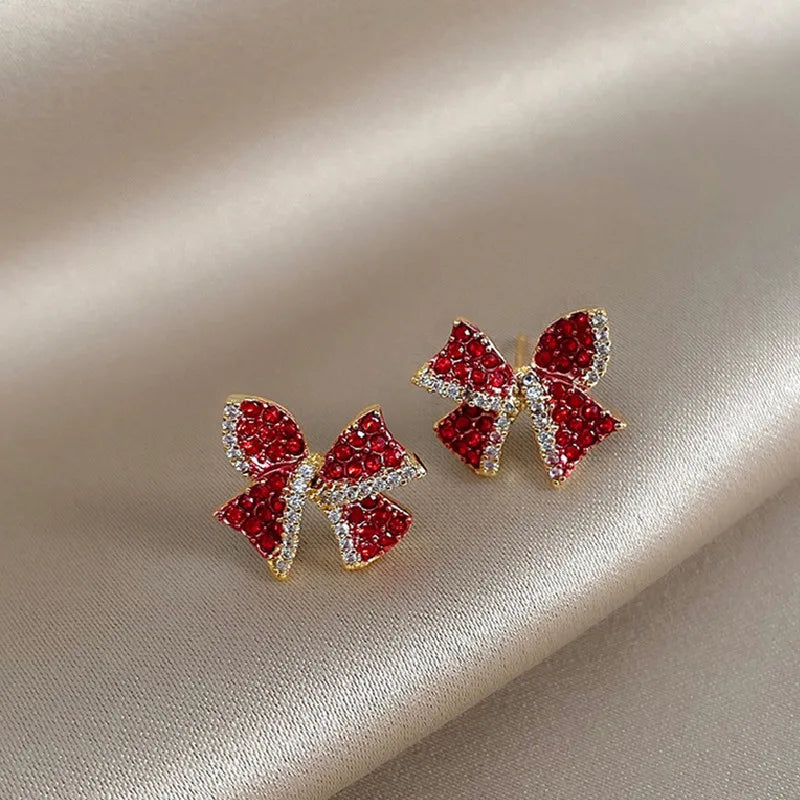 New Stylish Crystal Bow Knot Dangle Earrings For Women Lucky Red Color Heart Zircon Earring Girls Christmas New Year Jewelry