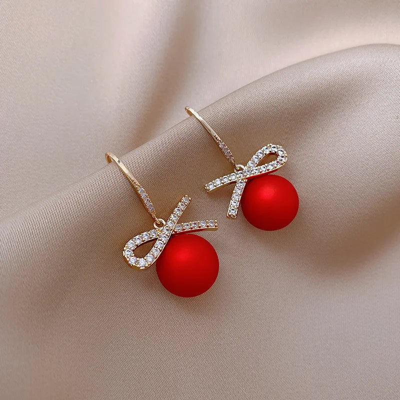 New Stylish Crystal Bow Knot Dangle Earrings For Women Lucky Red Color Heart Zircon Earring Girls Christmas New Year Jewelry