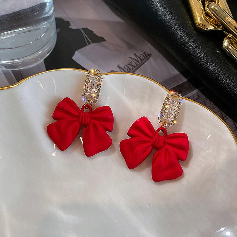 New Stylish Crystal Bow Knot Dangle Earrings For Women Lucky Red Color Heart Zircon Earring Girls Christmas New Year Jewelry