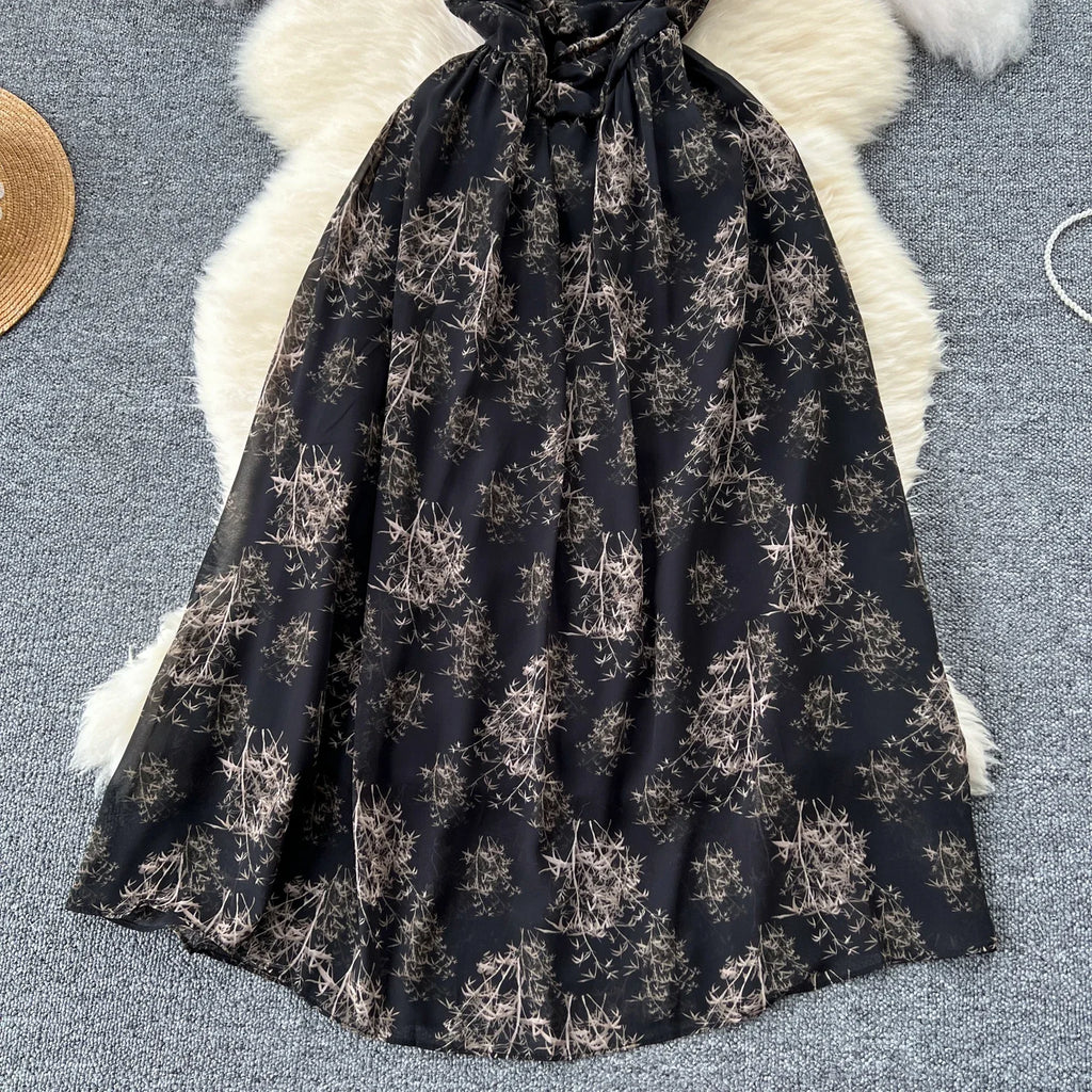 New Korean Fashion Rose Flower Print Romantic Retro Party Dress Summer Elastic High Waist Vacation Long Dress Beach Vestido