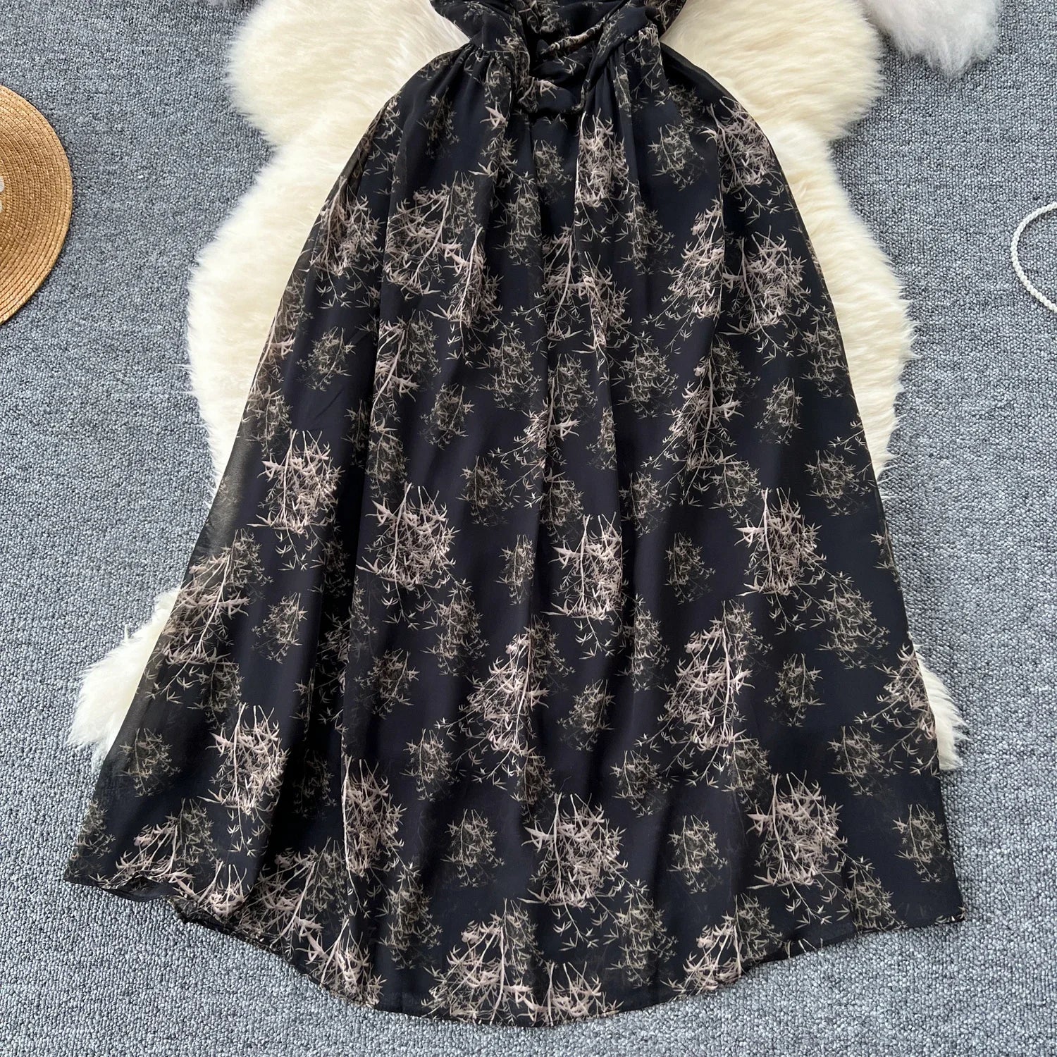 New Korean Fashion Rose Flower Print Romantic Retro Party Dress Summer Elastic High Waist Vacation Long Dress Beach Vestido