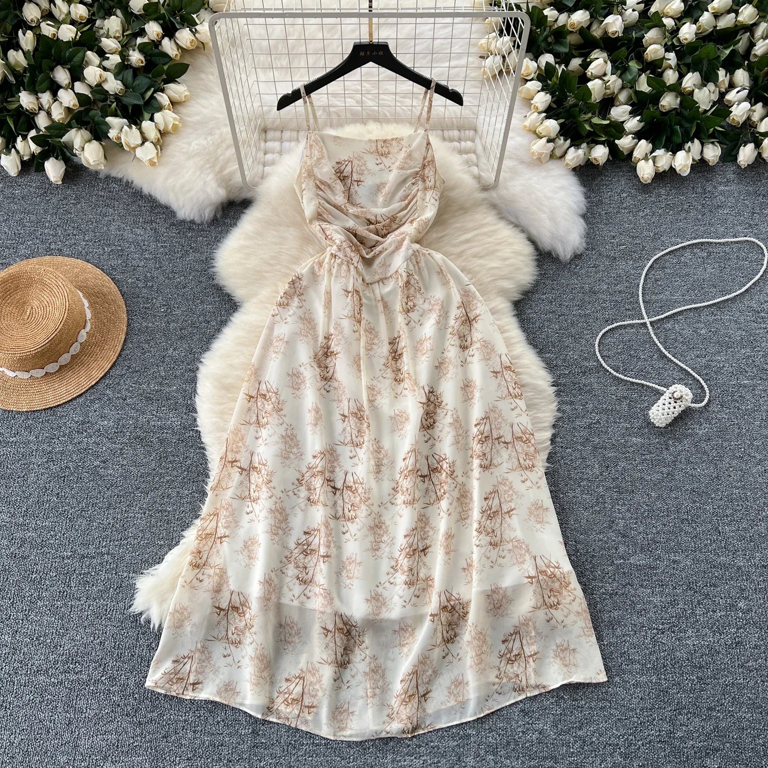 New Korean Fashion Rose Flower Print Romantic Retro Party Dress Summer Elastic High Waist Vacation Long Dress Beach Vestido