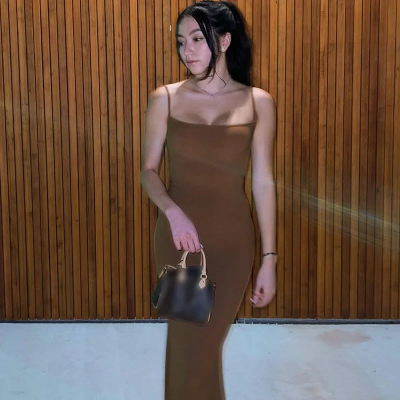 Y2K Sexy Maxi Dress for Women 2025 Autumn Backless Slim Party Dress Pullover Concise платье Female Long Bodycon Brown Vestidos