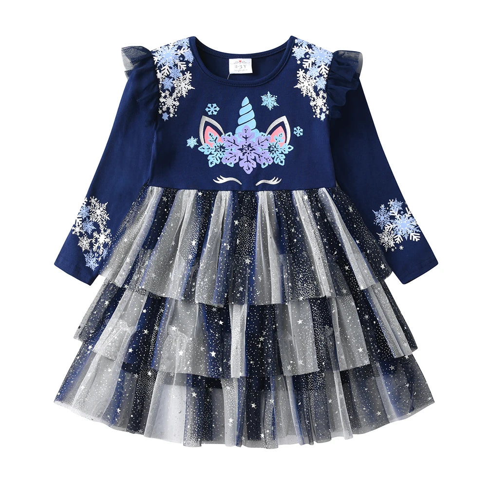 DXTON Christmas Girls Dress 2024 New Year Party Princess Tutu Dress Unicorn Toddler Cotton Dress Snowflake Print Winter Clothing