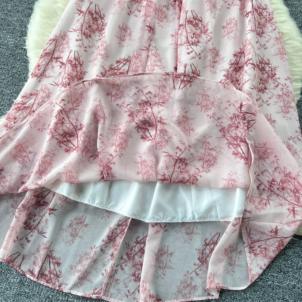 New Korean Fashion Rose Flower Print Romantic Retro Party Dress Summer Elastic High Waist Vacation Long Dress Beach Vestido