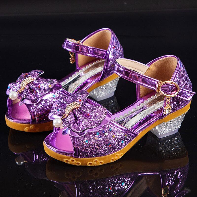 Girls Sandals Summer 2021  New Children's Princess Shoes Little Girls High-heeled Bow-knot Crystal Sandals Party Dress Wedding