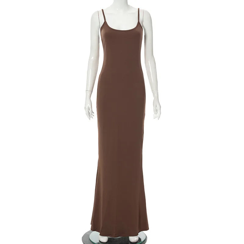 Y2K Sexy Maxi Dress for Women 2025 Autumn Backless Slim Party Dress Pullover Concise платье Female Long Bodycon Brown Vestidos