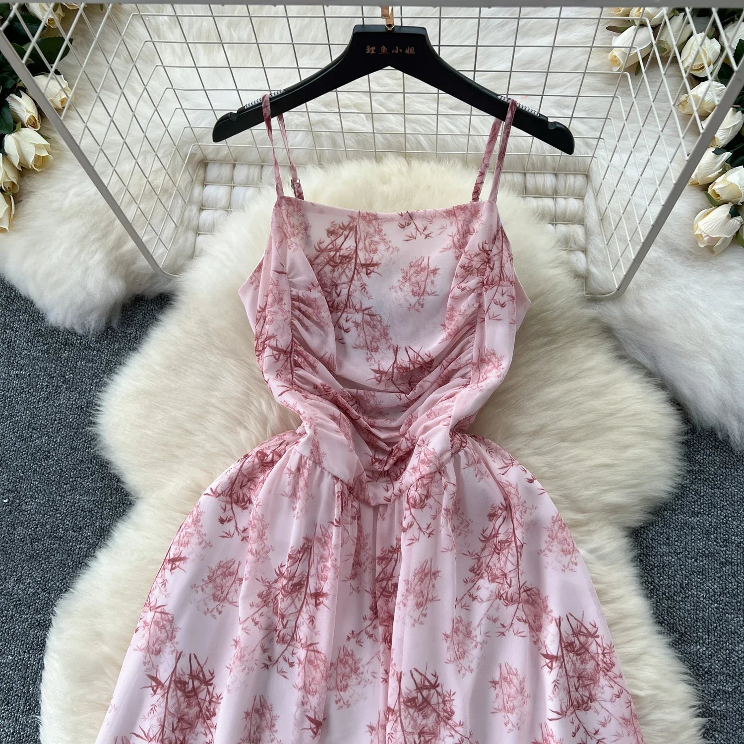 New Korean Fashion Rose Flower Print Romantic Retro Party Dress Summer Elastic High Waist Vacation Long Dress Beach Vestido