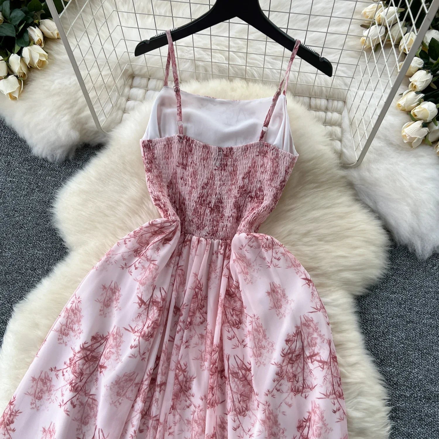 New Korean Fashion Rose Flower Print Romantic Retro Party Dress Summer Elastic High Waist Vacation Long Dress Beach Vestido