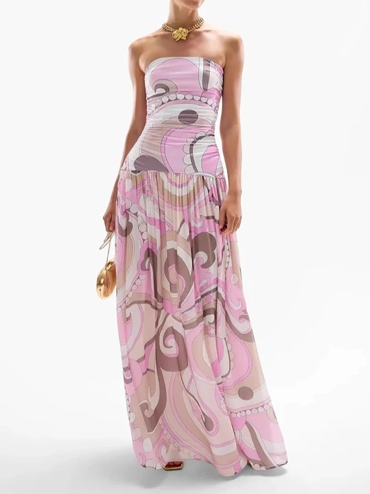 Women Summer Printing Patchwork Maxi Dress, Sleeveless Fashion Holiday Party Dress, 2024 Elegant Strapless Ladies Dress Vestidos