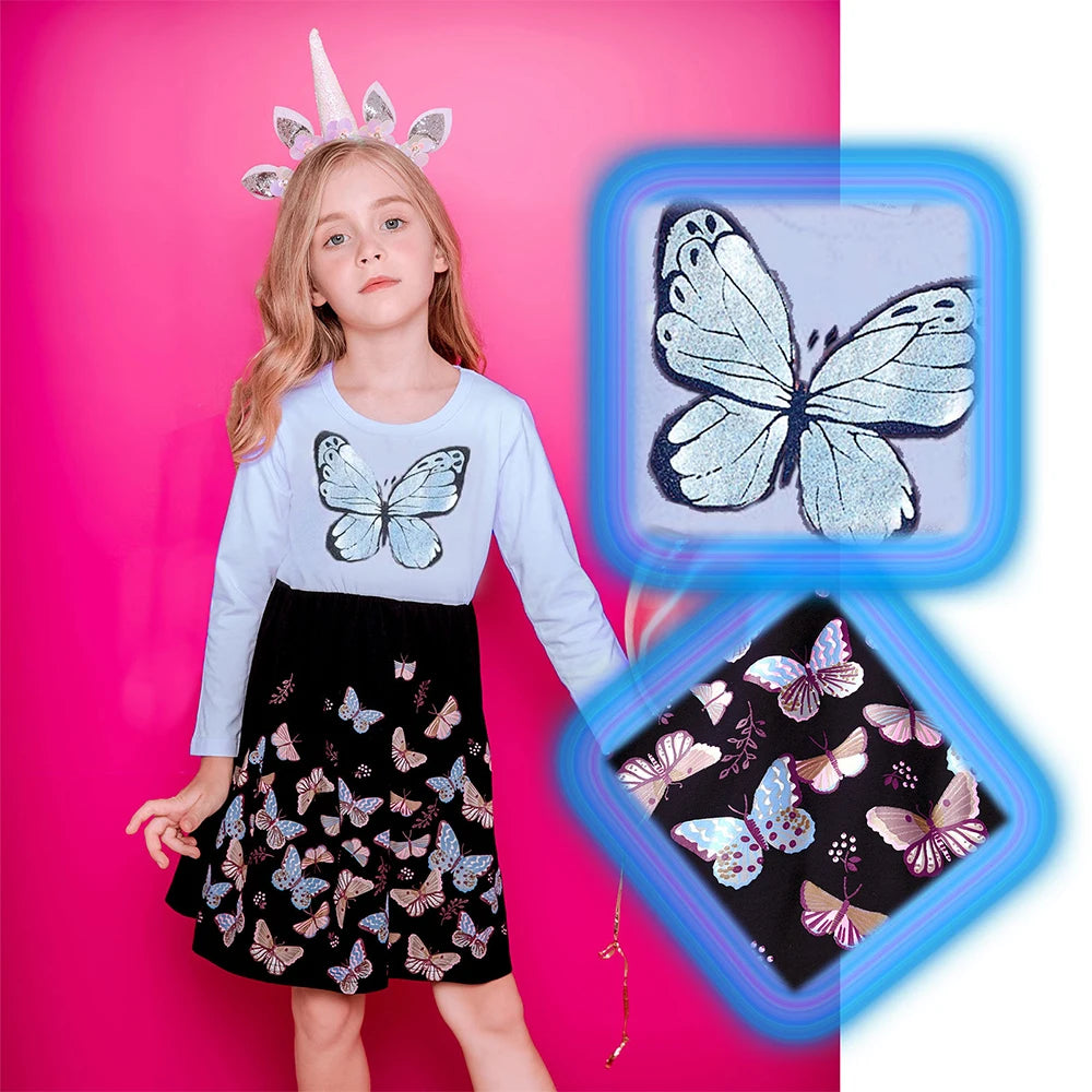 DXTON Butterflies A-line Kids Girls Dresses Pastorale Style Children Home Party Costumes Elegant Girls Casaul Outside Clothing