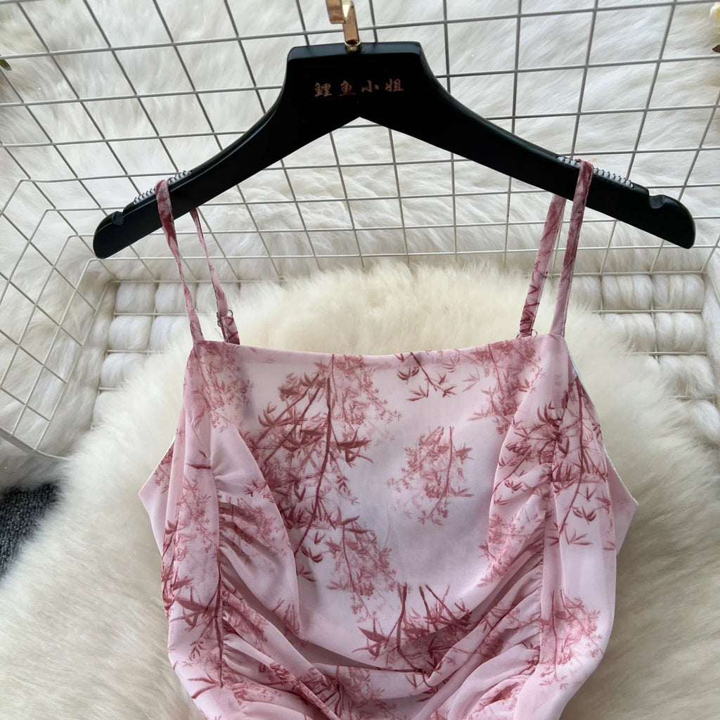 New Korean Fashion Rose Flower Print Romantic Retro Party Dress Summer Elastic High Waist Vacation Long Dress Beach Vestido