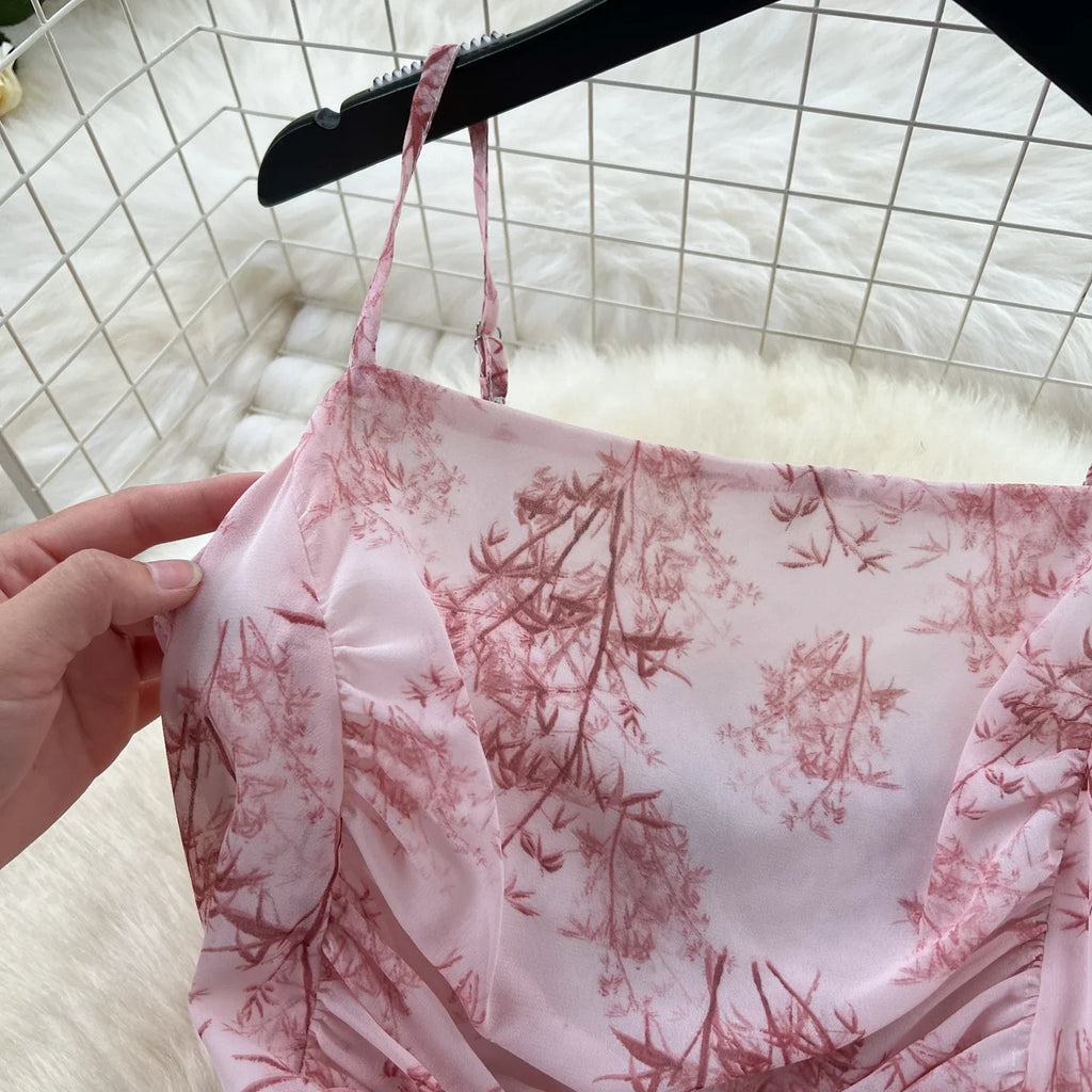 New Korean Fashion Rose Flower Print Romantic Retro Party Dress Summer Elastic High Waist Vacation Long Dress Beach Vestido