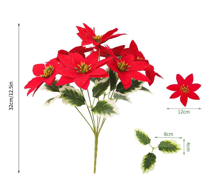 7 Heads/bunch Poinsettia Christmas Artificial Flowers for Christmas Tree Table Ornament Porches Gardens 2026 New Year Home Decor