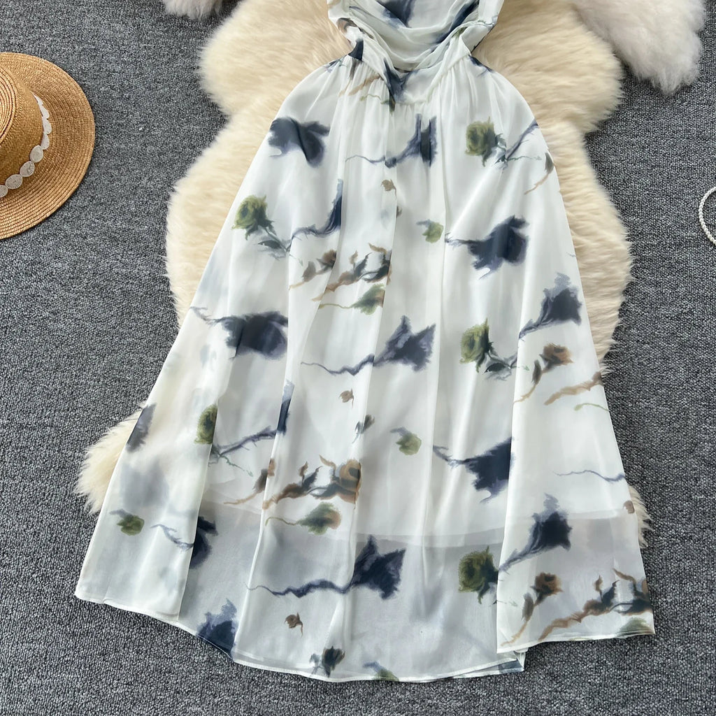 New Korean Fashion Rose Flower Print Romantic Retro Party Dress Summer Elastic High Waist Vacation Long Dress Beach Vestido