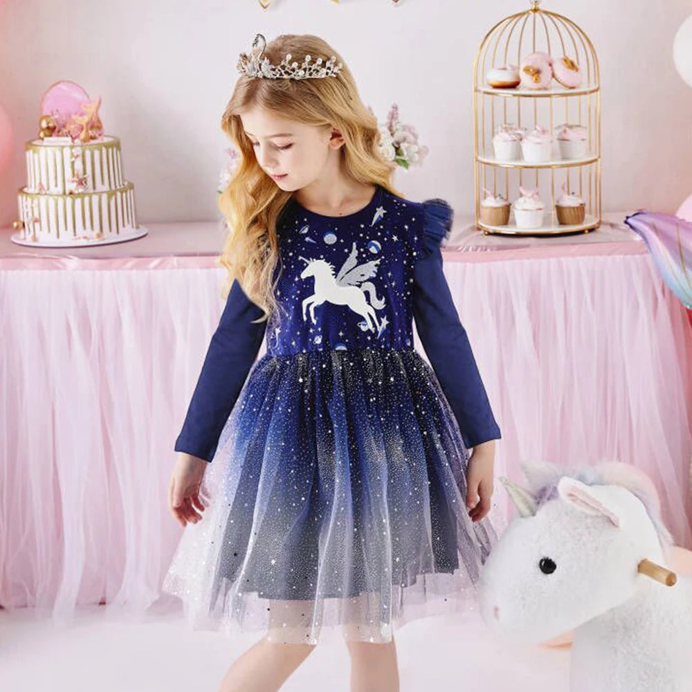 DXTON Christmas Girls Dress 2024 New Year Party Princess Tutu Dress Unicorn Toddler Cotton Dress Snowflake Print Winter Clothing
