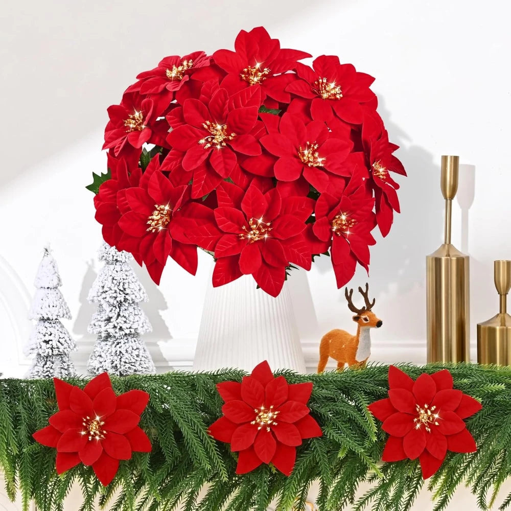 7 Heads/bunch Poinsettia Christmas Artificial Flowers for Christmas Tree Table Ornament Porches Gardens 2026 New Year Home Decor