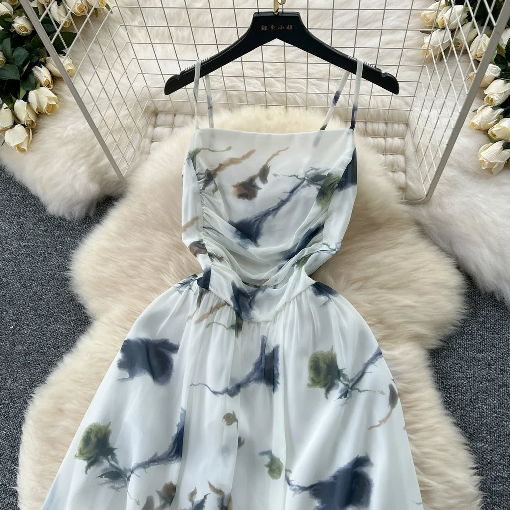 New Korean Fashion Rose Flower Print Romantic Retro Party Dress Summer Elastic High Waist Vacation Long Dress Beach Vestido