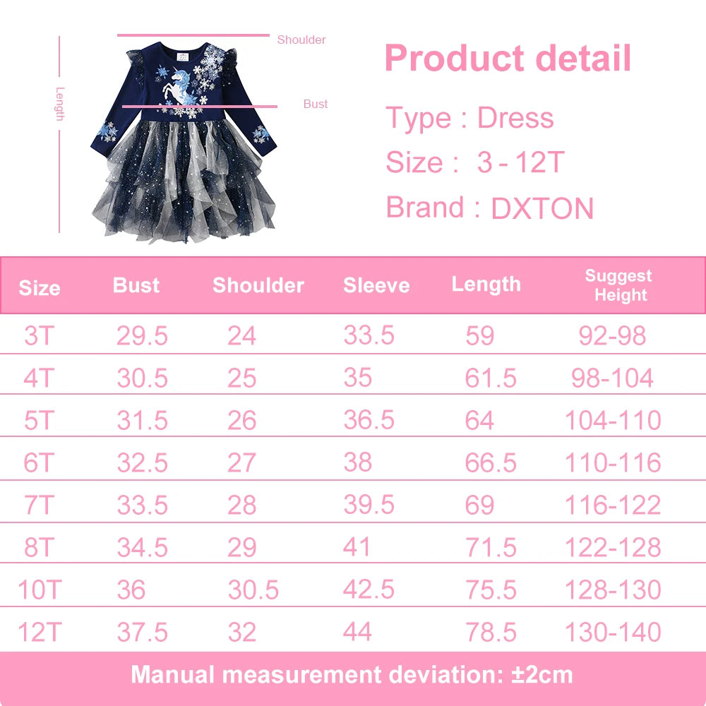 DXTON Christmas Girls Dress 2024 New Year Party Princess Tutu Dress Unicorn Toddler Cotton Dress Snowflake Print Winter Clothing