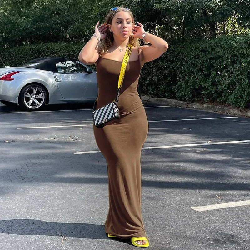 Y2K Sexy Maxi Dress for Women 2025 Autumn Backless Slim Party Dress Pullover Concise платье Female Long Bodycon Brown Vestidos