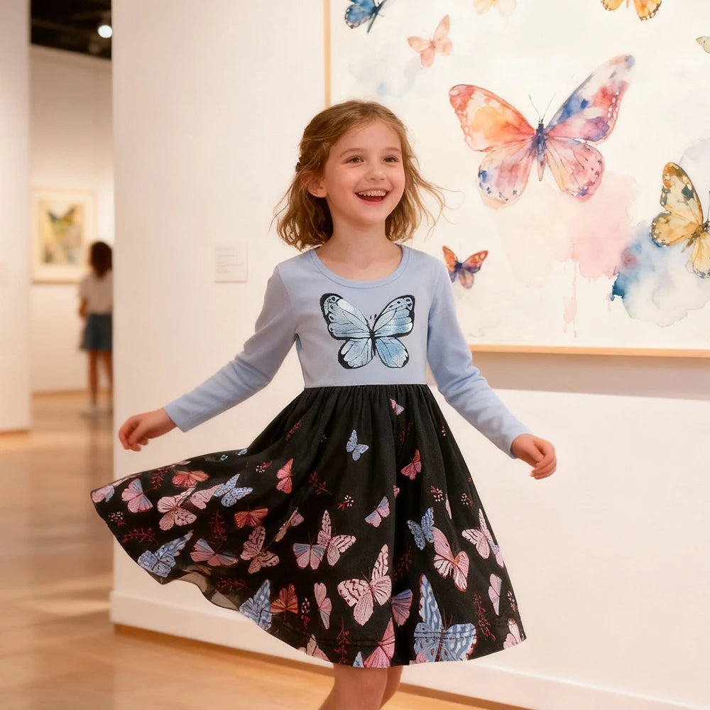 DXTON Butterflies A-line Kids Girls Dresses Pastorale Style Children Home Party Costumes Elegant Girls Casaul Outside Clothing
