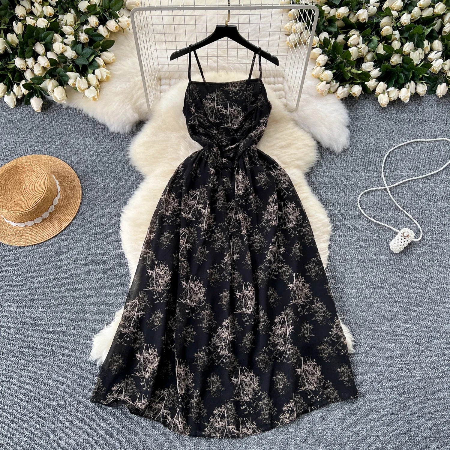 New Korean Fashion Rose Flower Print Romantic Retro Party Dress Summer Elastic High Waist Vacation Long Dress Beach Vestido