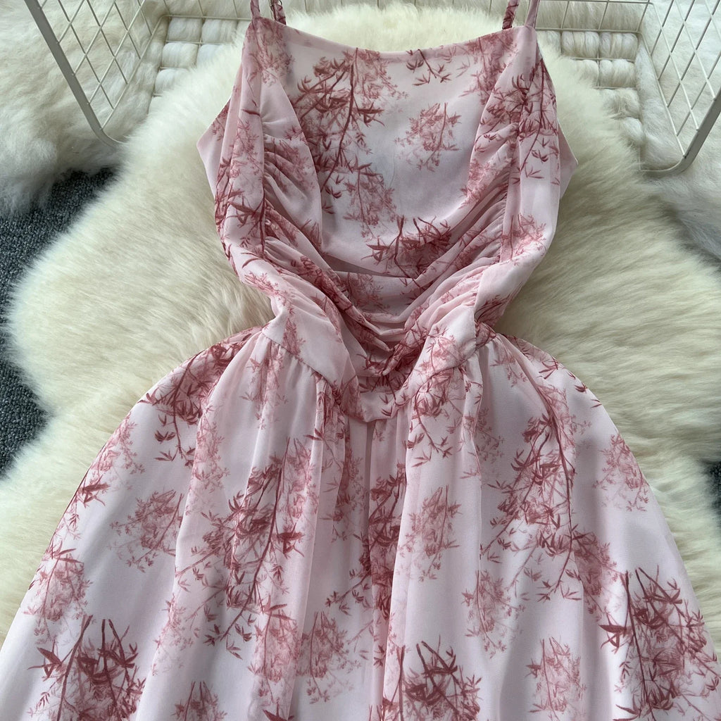 New Korean Fashion Rose Flower Print Romantic Retro Party Dress Summer Elastic High Waist Vacation Long Dress Beach Vestido