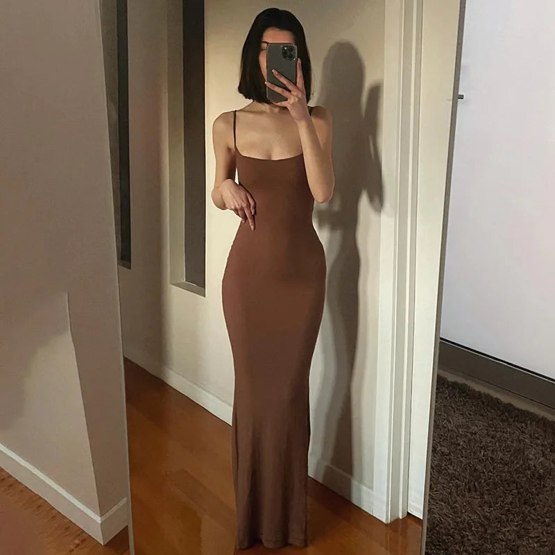 Y2K Sexy Maxi Dress for Women 2025 Autumn Backless Slim Party Dress Pullover Concise платье Female Long Bodycon Brown Vestidos