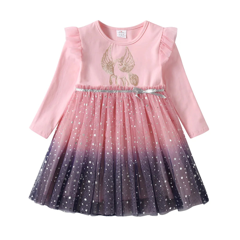 DXTON Winter Long Sleeve Girls Dresses Unicorn Cartoon Kids Party Princess Dress-up Gradient Mesh Childres Vacation Costumes