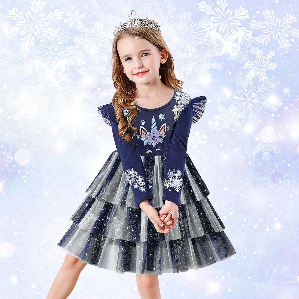VIKITA 2024 Christmas Princess Dress Snowflake Printed Kids Dresses For Girls Cartoon Children Dresses New Year Party Vestidos