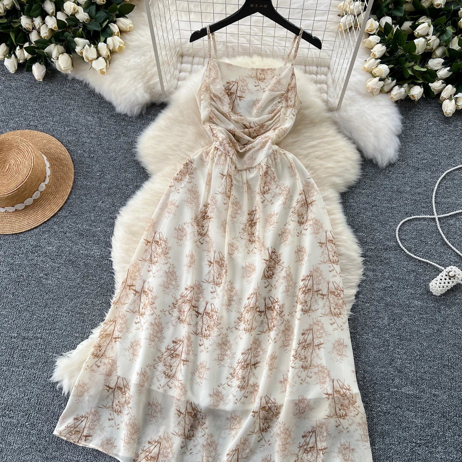 New Korean Fashion Rose Flower Print Romantic Retro Party Dress Summer Elastic High Waist Vacation Long Dress Beach Vestido