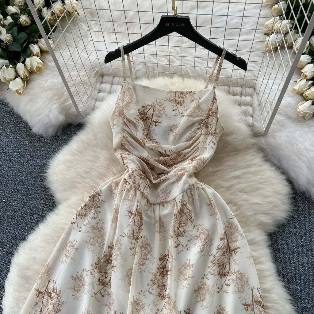 New Korean Fashion Rose Flower Print Romantic Retro Party Dress Summer Elastic High Waist Vacation Long Dress Beach Vestido