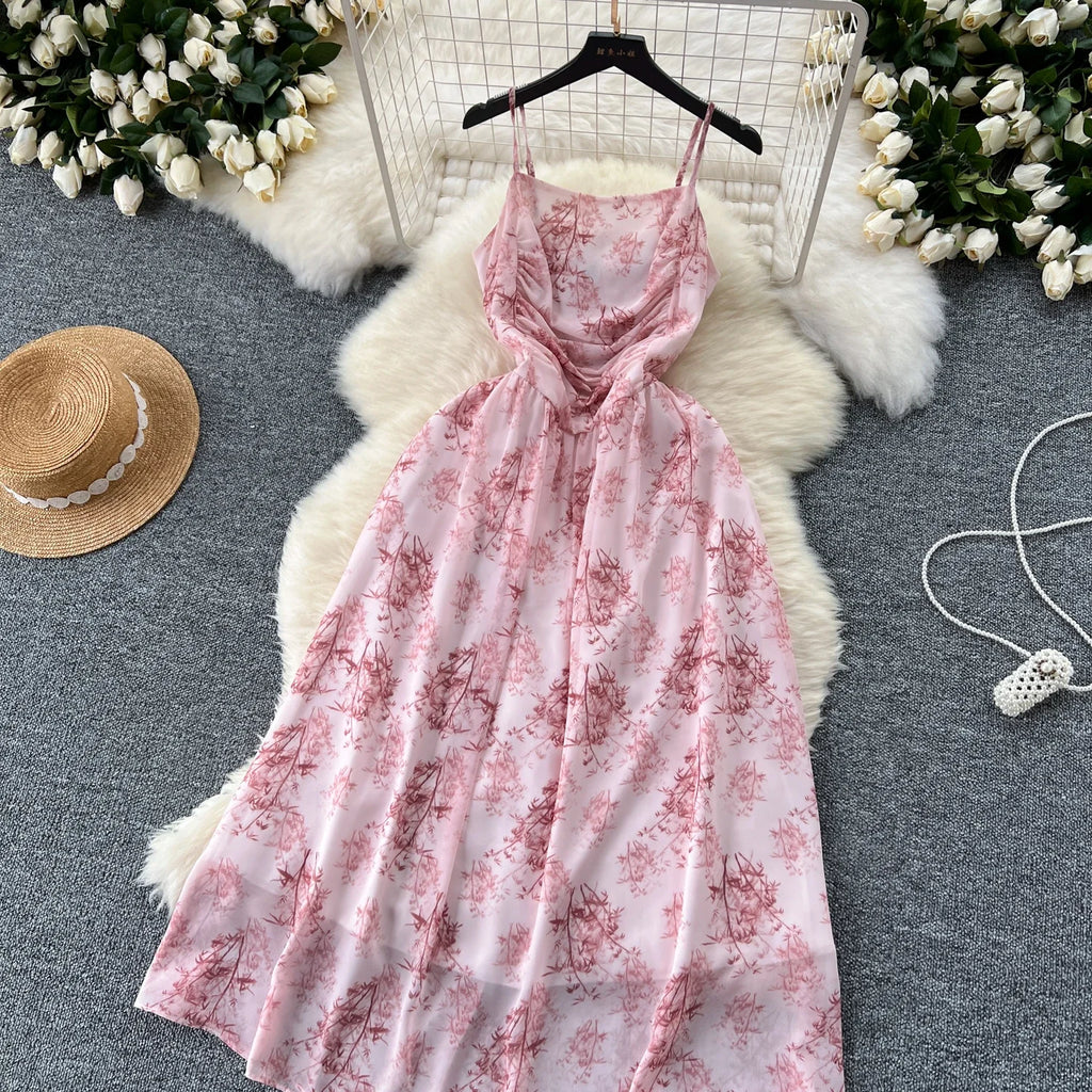 New Korean Fashion Rose Flower Print Romantic Retro Party Dress Summer Elastic High Waist Vacation Long Dress Beach Vestido