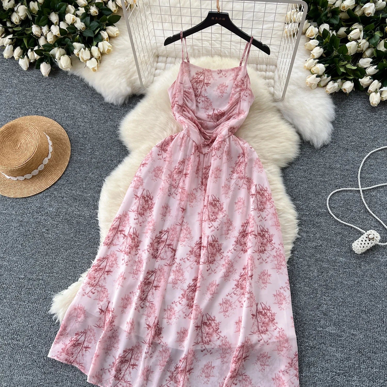 New Korean Fashion Rose Flower Print Romantic Retro Party Dress Summer Elastic High Waist Vacation Long Dress Beach Vestido