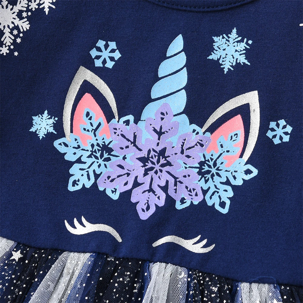 VIKITA 2024 Christmas Princess Dress Snowflake Printed Kids Dresses For Girls Cartoon Children Dresses New Year Party Vestidos