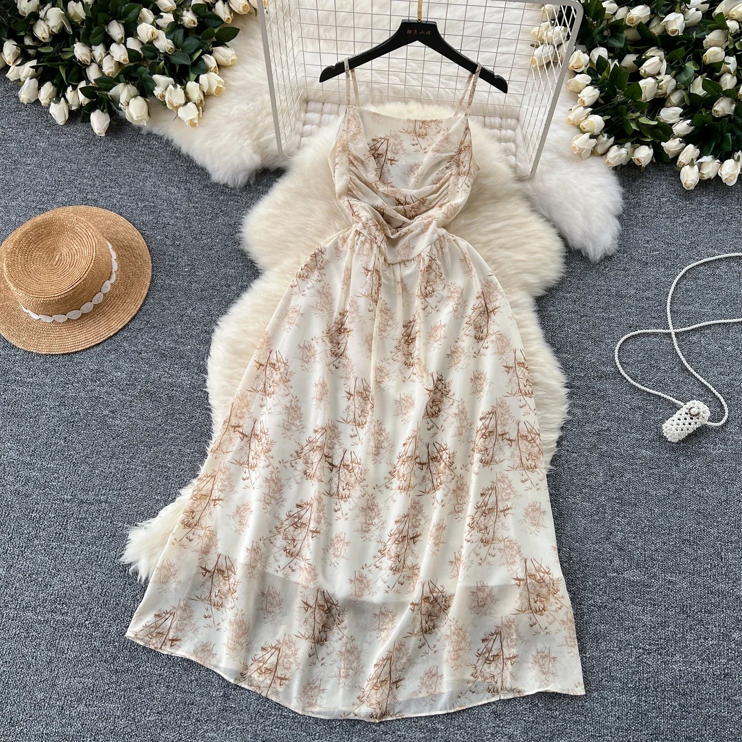 New Korean Fashion Rose Flower Print Romantic Retro Party Dress Summer Elastic High Waist Vacation Long Dress Beach Vestido