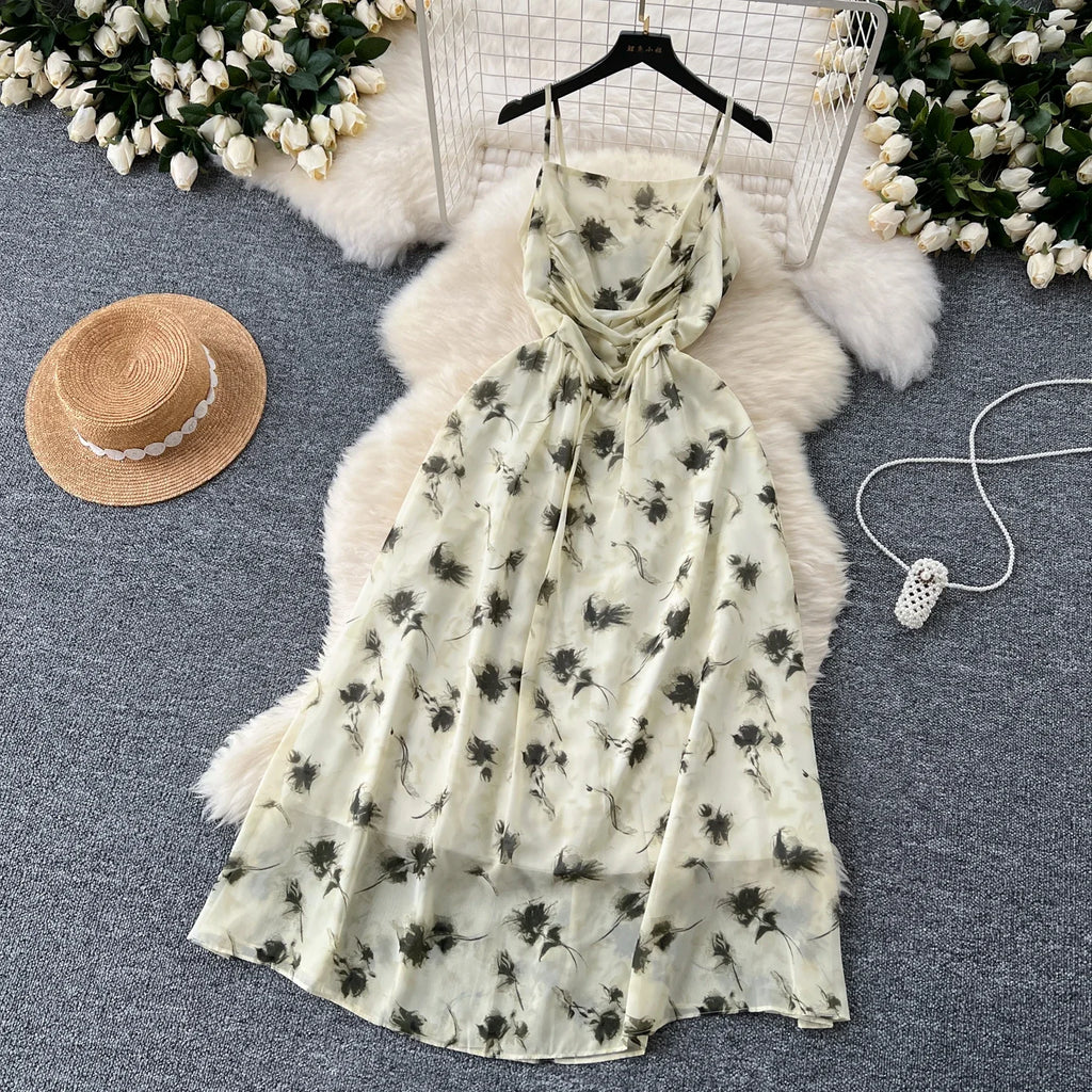 New Korean Fashion Rose Flower Print Romantic Retro Party Dress Summer Elastic High Waist Vacation Long Dress Beach Vestido