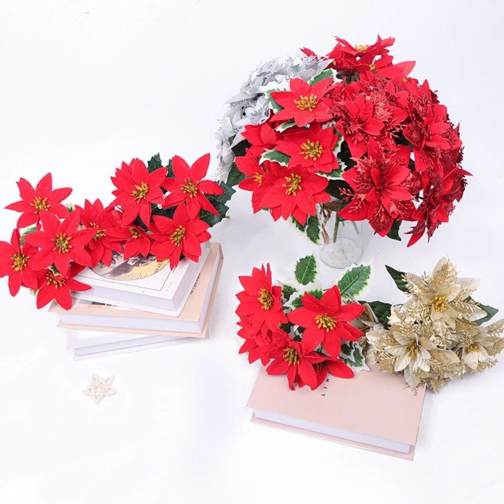 7 Heads/bunch Poinsettia Christmas Artificial Flowers for Christmas Tree Table Ornament Porches Gardens 2026 New Year Home Decor