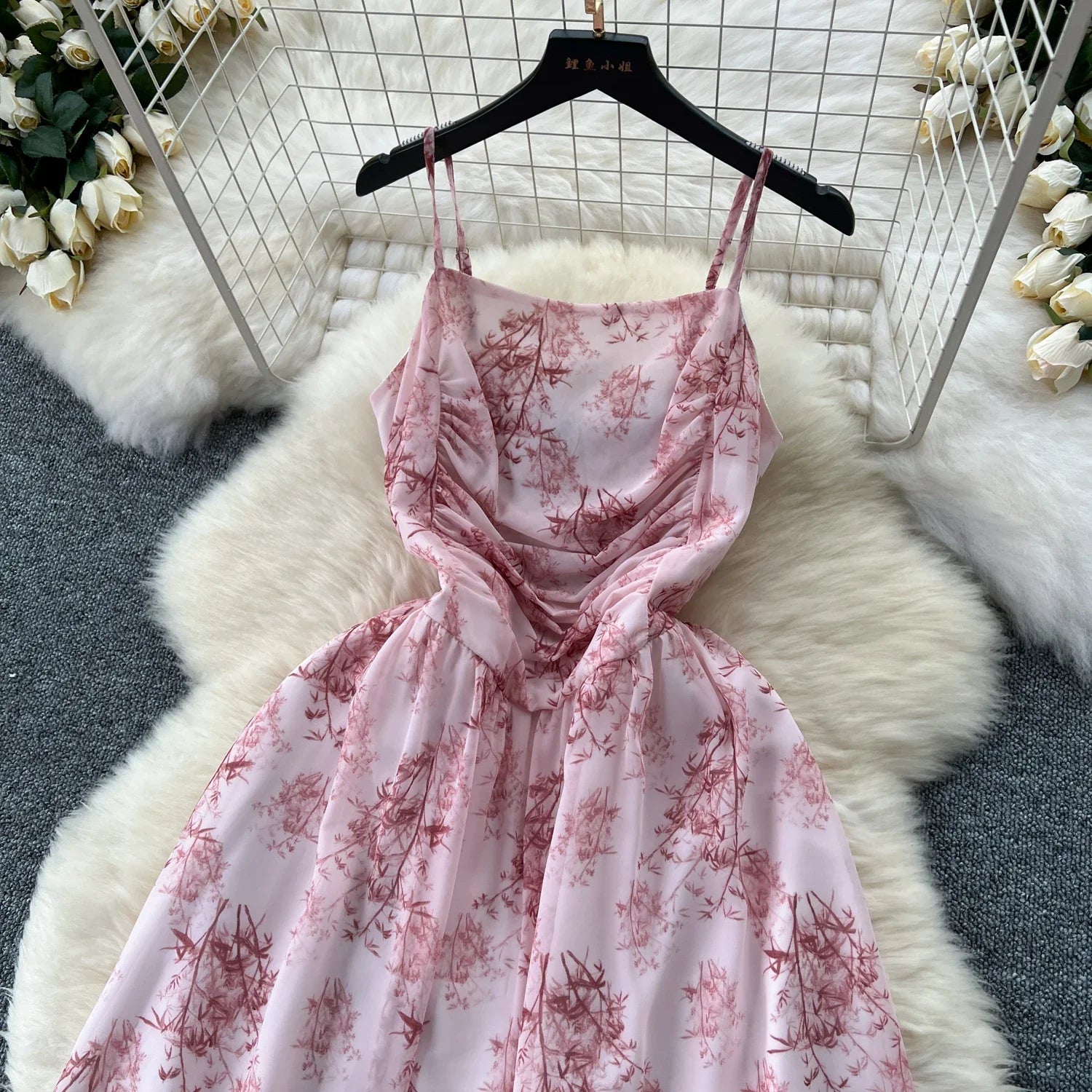 New Korean Fashion Rose Flower Print Romantic Retro Party Dress Summer Elastic High Waist Vacation Long Dress Beach Vestido