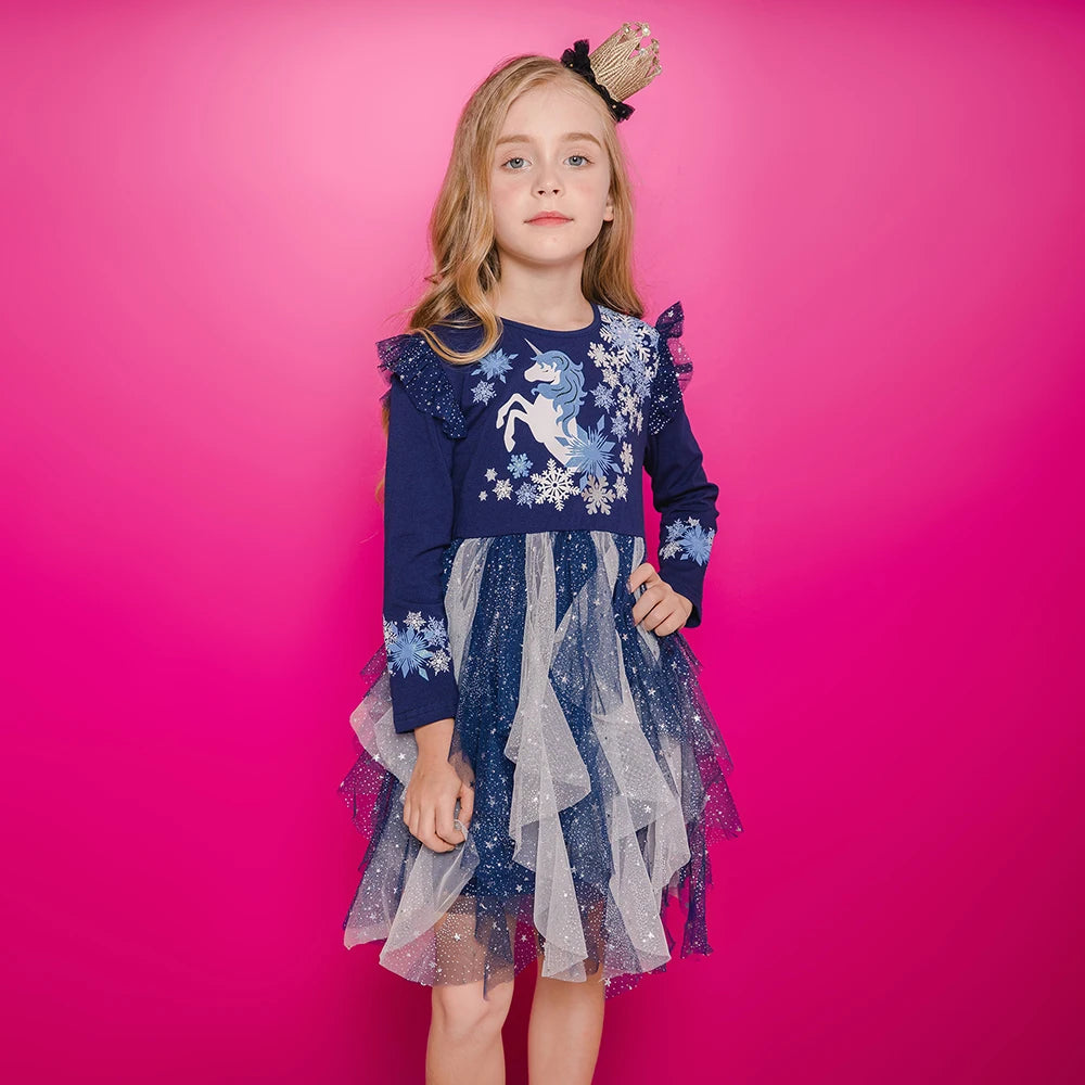 DXTON Christmas Girls Dress 2024 New Year Party Princess Tutu Dress Unicorn Toddler Cotton Dress Snowflake Print Winter Clothing