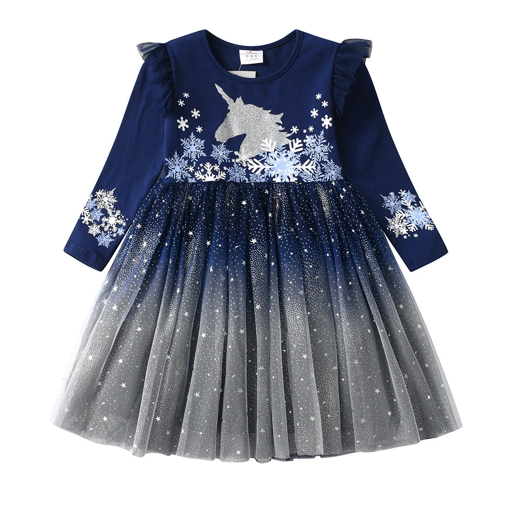 DXTON Christmas Girls Dress 2024 New Year Party Princess Tutu Dress Unicorn Toddler Cotton Dress Snowflake Print Winter Clothing