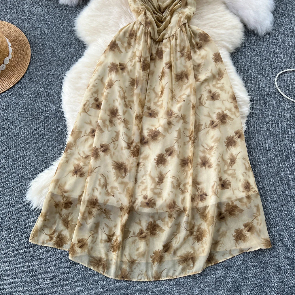 New Korean Fashion Rose Flower Print Romantic Retro Party Dress Summer Elastic High Waist Vacation Long Dress Beach Vestido