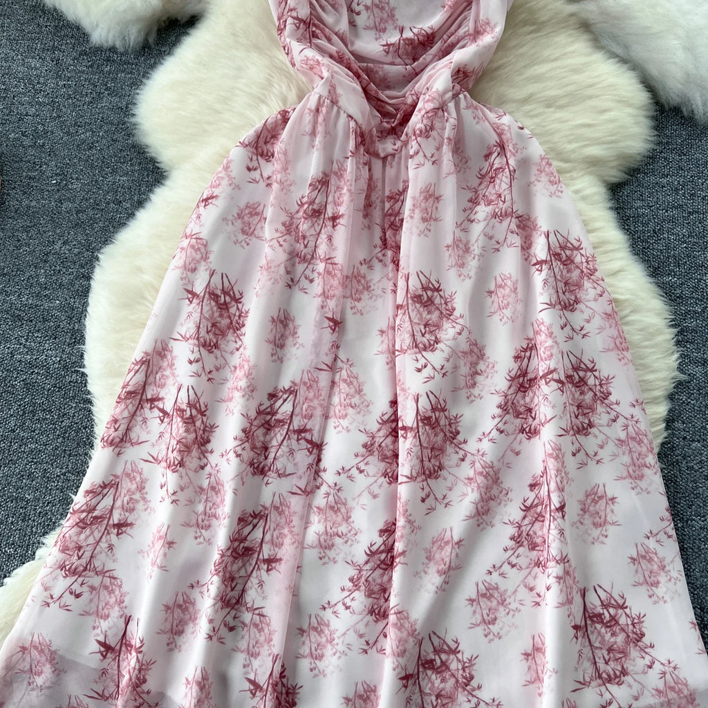 New Korean Fashion Rose Flower Print Romantic Retro Party Dress Summer Elastic High Waist Vacation Long Dress Beach Vestido