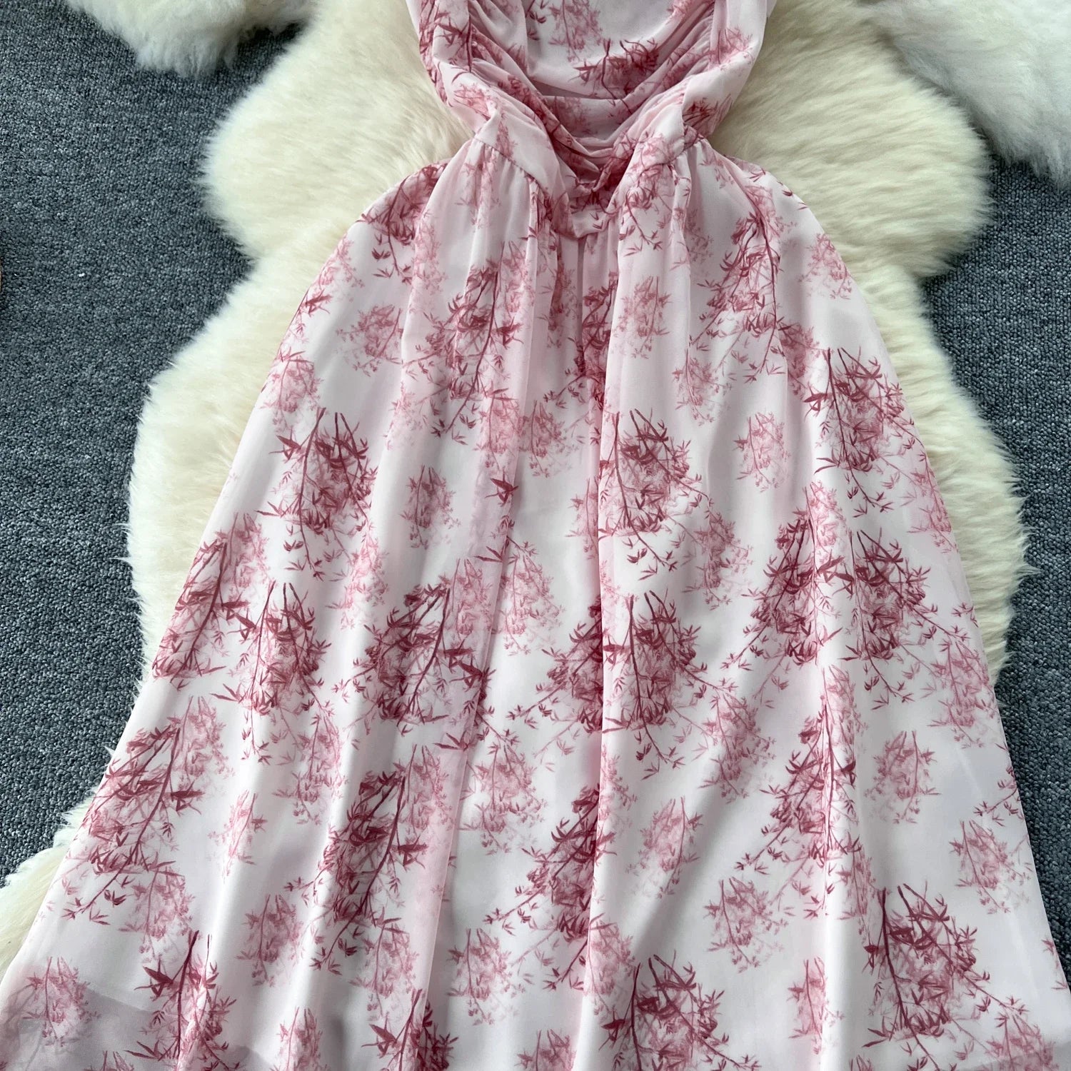 New Korean Fashion Rose Flower Print Romantic Retro Party Dress Summer Elastic High Waist Vacation Long Dress Beach Vestido