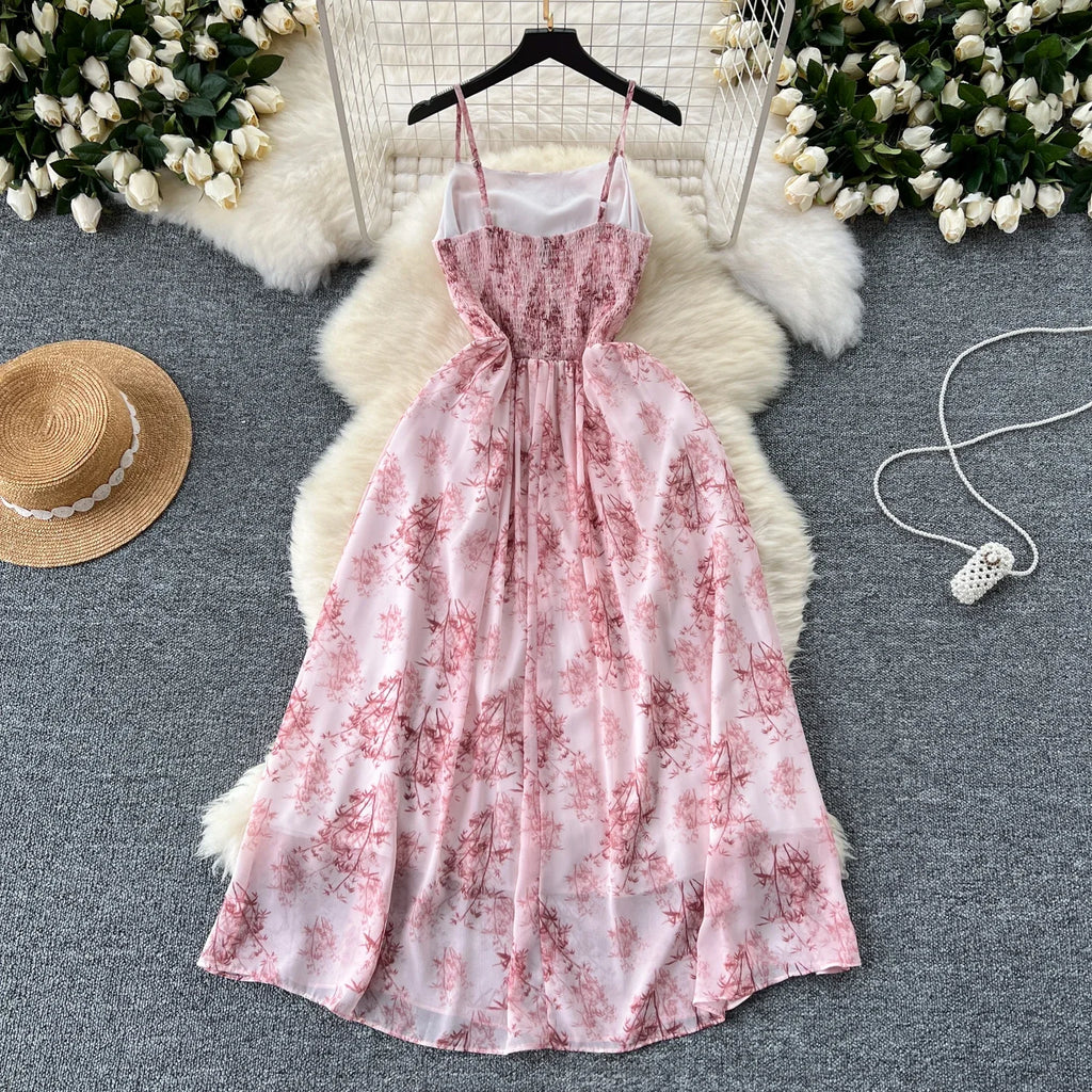New Korean Fashion Rose Flower Print Romantic Retro Party Dress Summer Elastic High Waist Vacation Long Dress Beach Vestido