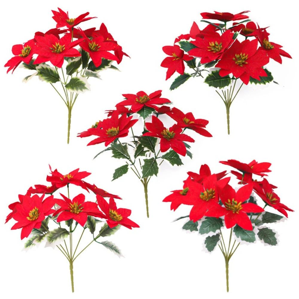 7 Heads/bunch Poinsettia Christmas Artificial Flowers for Christmas Tree Table Ornament Porches Gardens 2026 New Year Home Decor
