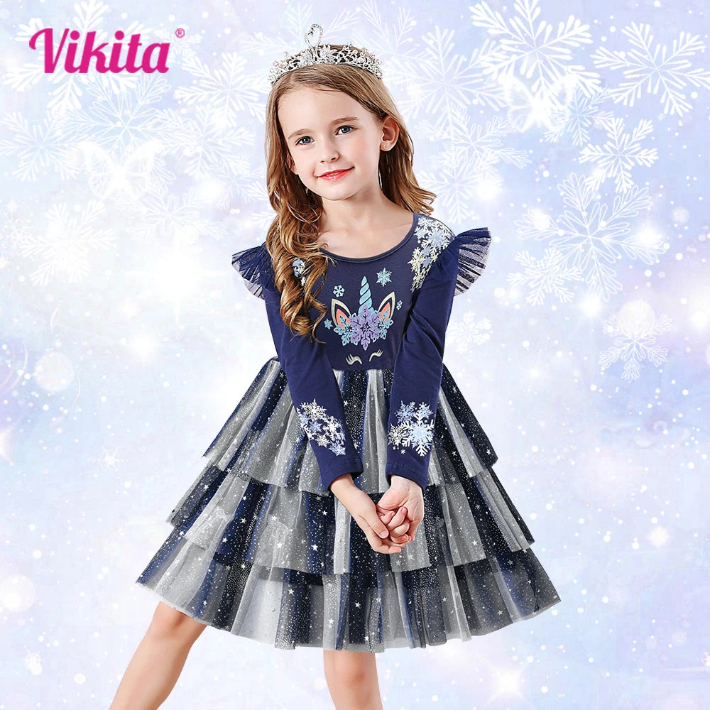 VIKITA 2024 Christmas Princess Dress Snowflake Printed Kids Dresses For Girls Cartoon Children Dresses New Year Party Vestidos